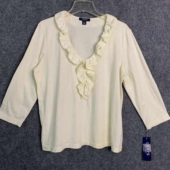 Chaps NWT Knit Top Women XL Ruffle Deep V-Neck Pullover Ivory 3/4 Sleeve - Picture 1 of 13